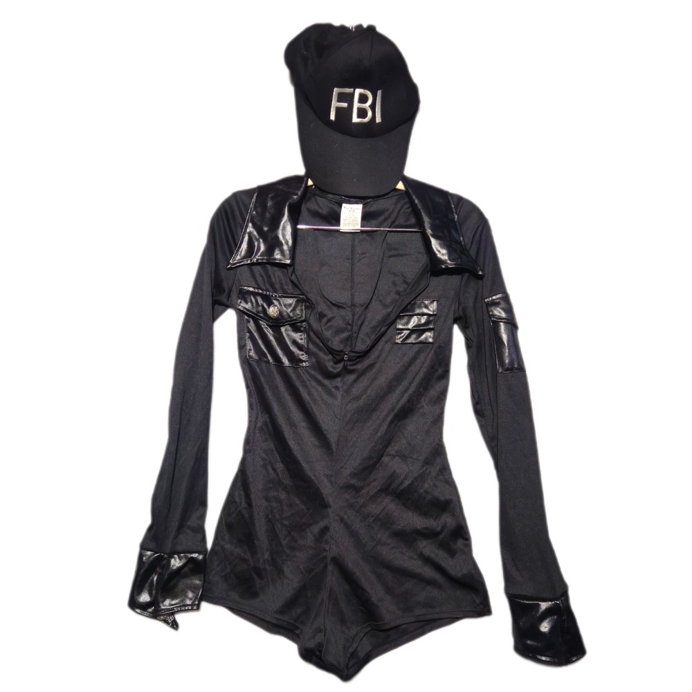 Leg Avenue FBI Romper Costume Women S/M Black Agent Cop Jumpsuit Hat Set